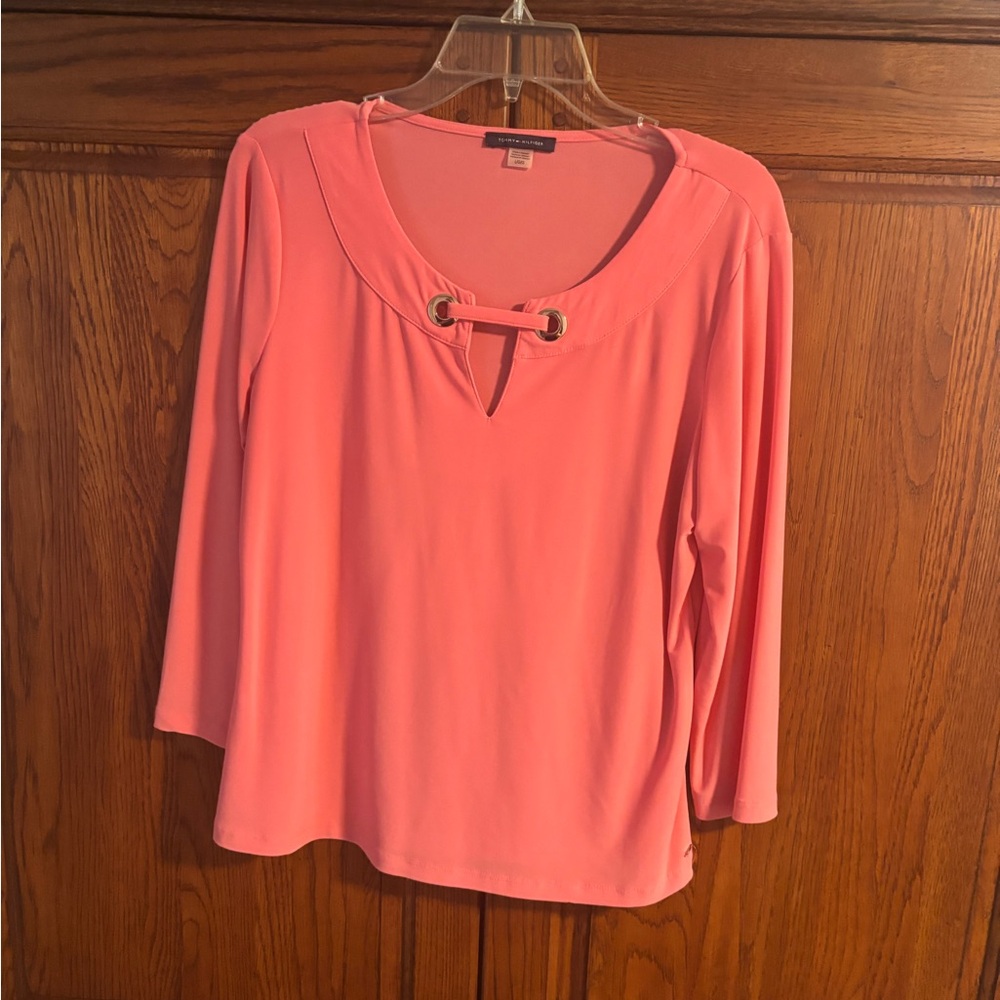 Tommy Hilfiger Coral Pink Long-Sleeve Grommet Tie Top